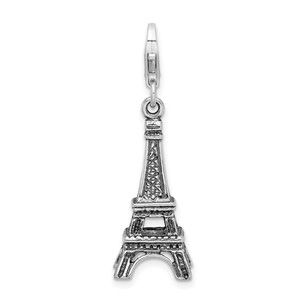 Sterling Silver Polished 3-D Antiqued Eiffel Tower Bracelet Charm Lobster Clasp